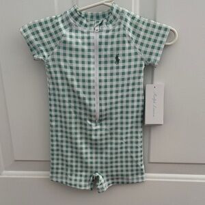 Ralph Lauren Green and White Gingham Kids Short-Sleeve Swim Romper